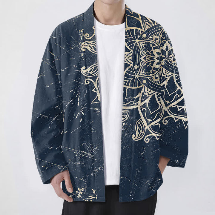 Buddha Stones Kimono für Herren aus Baumwolle mit Mandala-Muster im Used-Look und offener Vorderseite - Marine - US/UK/AU48, EU58 (4XL) - image 0