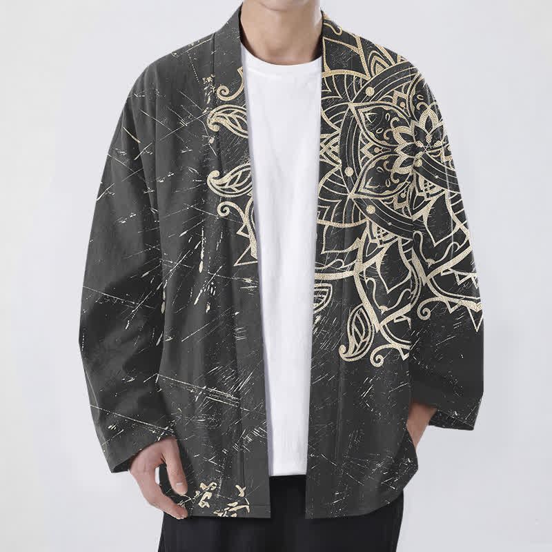 Buddha Stones Kimono für Herren aus Baumwolle mit Mandala-Muster im Used-Look und offener Vorderseite - Grau - US/UK/AU48, EU58 (4XL) - image 9