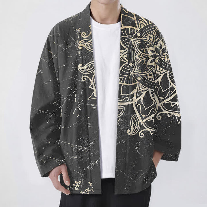 Buddha Stones Kimono für Herren aus Baumwolle mit Mandala-Muster im Used-Look und offener Vorderseite - Grau - US/UK/AU48, EU58 (4XL) - image 9