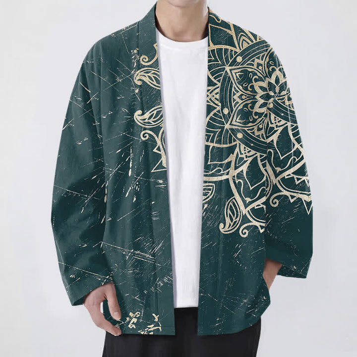 Buddha Stones Kimono für Herren aus Baumwolle mit Mandala-Muster im Used-Look und offener Vorderseite - Türkis - US/UK/AU48, EU58 (4XL) - image 6