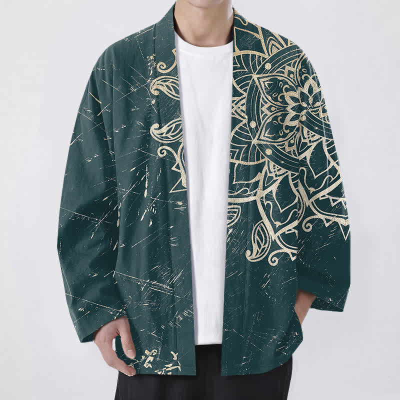 Buddha Stones Kimono für Herren aus Baumwolle mit Mandala-Muster im Used-Look und offener Vorderseite - Türkis - US/UK/AU48, EU58 (4XL) - image 6
