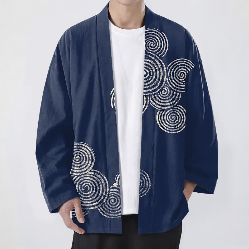 Buddha Stones Kimono aus Baumwolle mit konzentrischem Spiralmuster und offener Vorderseite für Herren - Marine - US/UK/AU48, EU58 (4XL) - image 0