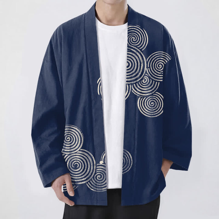 Buddha Stones Kimono aus Baumwolle mit konzentrischem Spiralmuster und offener Vorderseite für Herren - Marine - US/UK/AU48, EU58 (4XL) - image 0