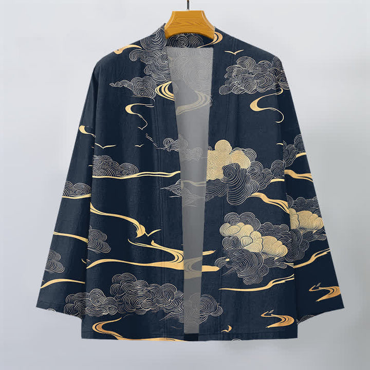 Buddha Stones Kimono aus Baumwolle mit goldenem Wolkenmuster und offener Vorderseite für Herren - image 1