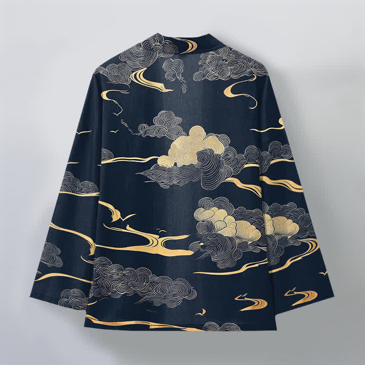 Buddha Stones Kimono aus Baumwolle mit goldenem Wolkenmuster und offener Vorderseite für Herren - image 2