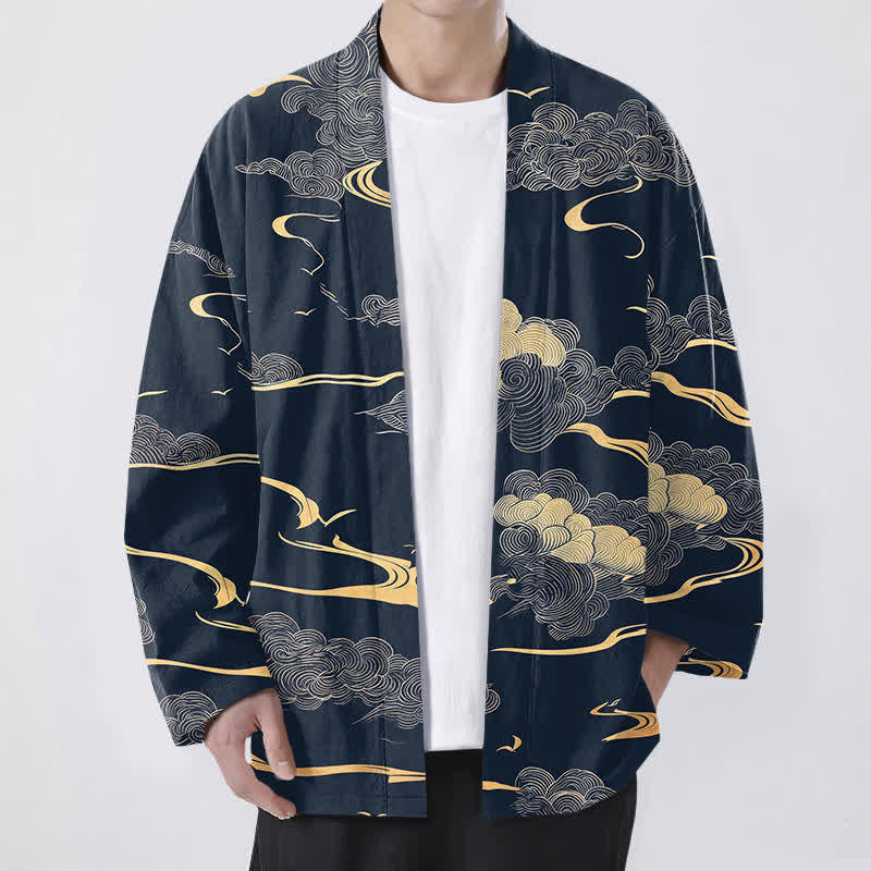 Buddha Stones Kimono aus Baumwolle mit goldenem Wolkenmuster und offener Vorderseite für Herren - Marine - US/UK/AU48, EU58 (4XL) - image 0