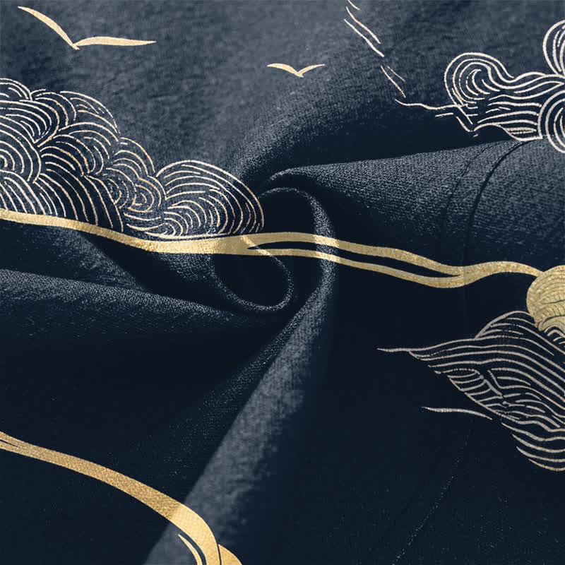 Buddha Stones Kimono aus Baumwolle mit goldenem Wolkenmuster und offener Vorderseite für Herren - image 5