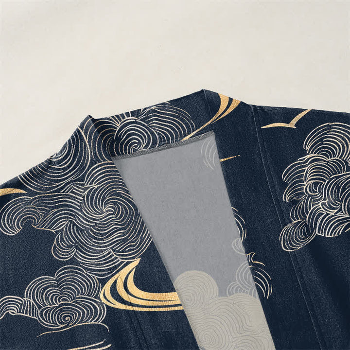 Buddha Stones Kimono aus Baumwolle mit goldenem Wolkenmuster und offener Vorderseite für Herren - image 3