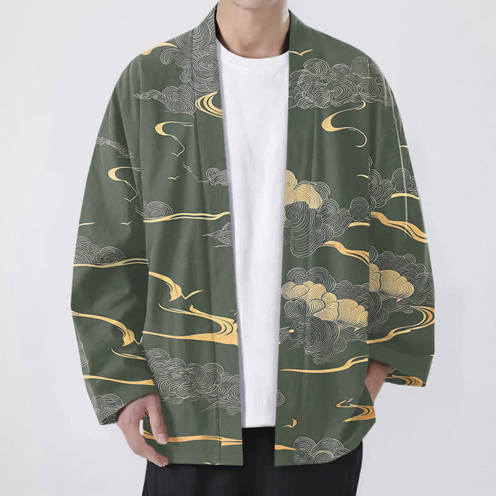 Buddha Stones Kimono aus Baumwolle mit goldenem Wolkenmuster und offener Vorderseite für Herren - Dunkelmeergrün - US/UK/AU48, EU58 (4XL) - image 6