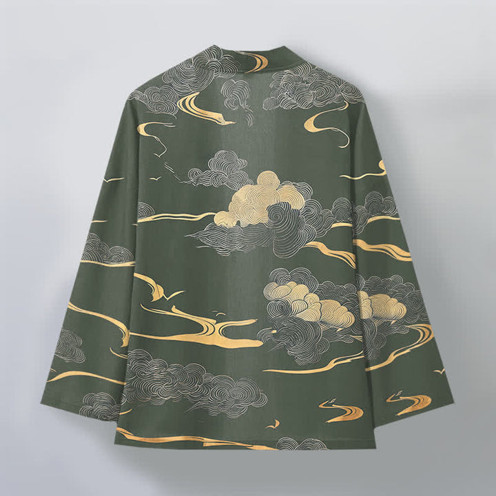 Buddha Stones Kimono aus Baumwolle mit goldenem Wolkenmuster und offener Vorderseite für Herren - image 8