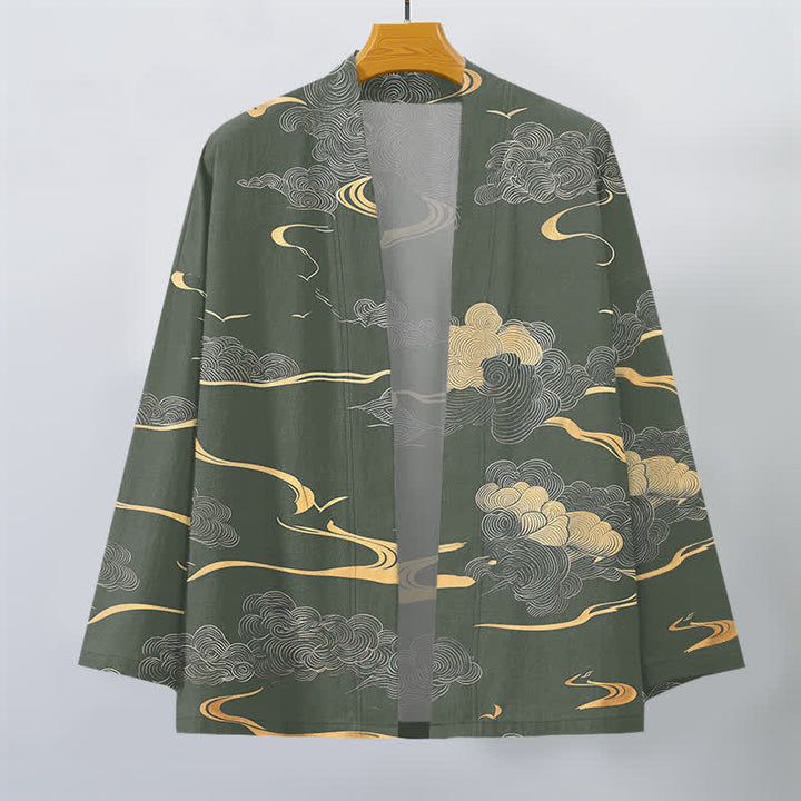 Buddha Stones Kimono aus Baumwolle mit goldenem Wolkenmuster und offener Vorderseite für Herren - image 7