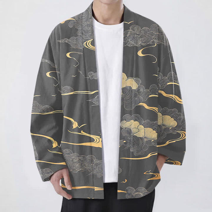 Buddha Stones Kimono aus Baumwolle mit goldenem Wolkenmuster und offener Vorderseite für Herren - Grau - US/UK/AU48, EU58 (4XL) - image 9