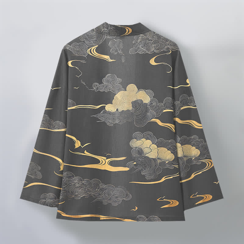 Buddha Stones Kimono aus Baumwolle mit goldenem Wolkenmuster und offener Vorderseite für Herren - image 11