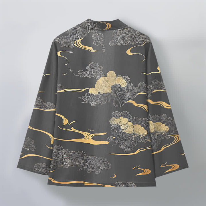 Buddha Stones Kimono aus Baumwolle mit goldenem Wolkenmuster und offener Vorderseite für Herren - image 11