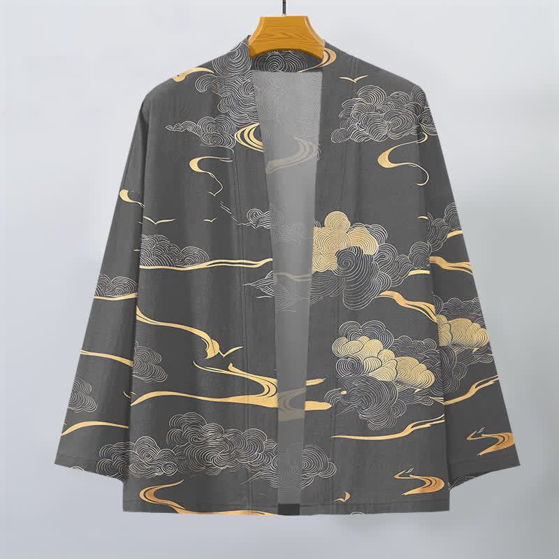 Buddha Stones Kimono aus Baumwolle mit goldenem Wolkenmuster und offener Vorderseite für Herren - image 10