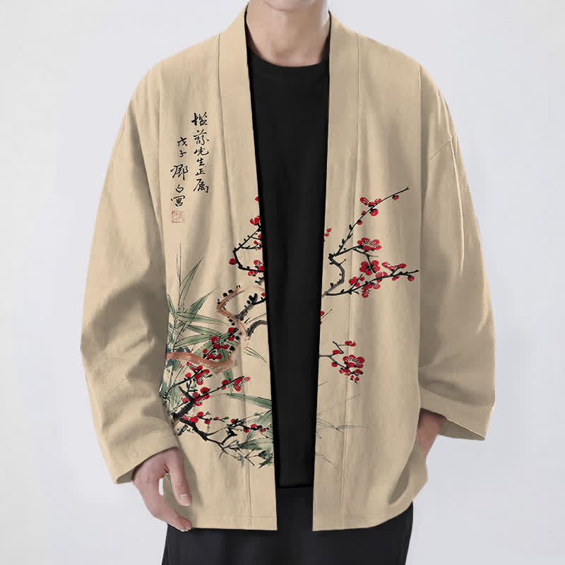 Buddha Stones Kimono für Herren aus Baumwolle, rot-pflaumenfarben, mit Bambusmuster und offener Vorderseite, aus Baumwolle, mit offener Vorderseite - Weizen - US/UK/AU48, EU58 (4XL) - image 0