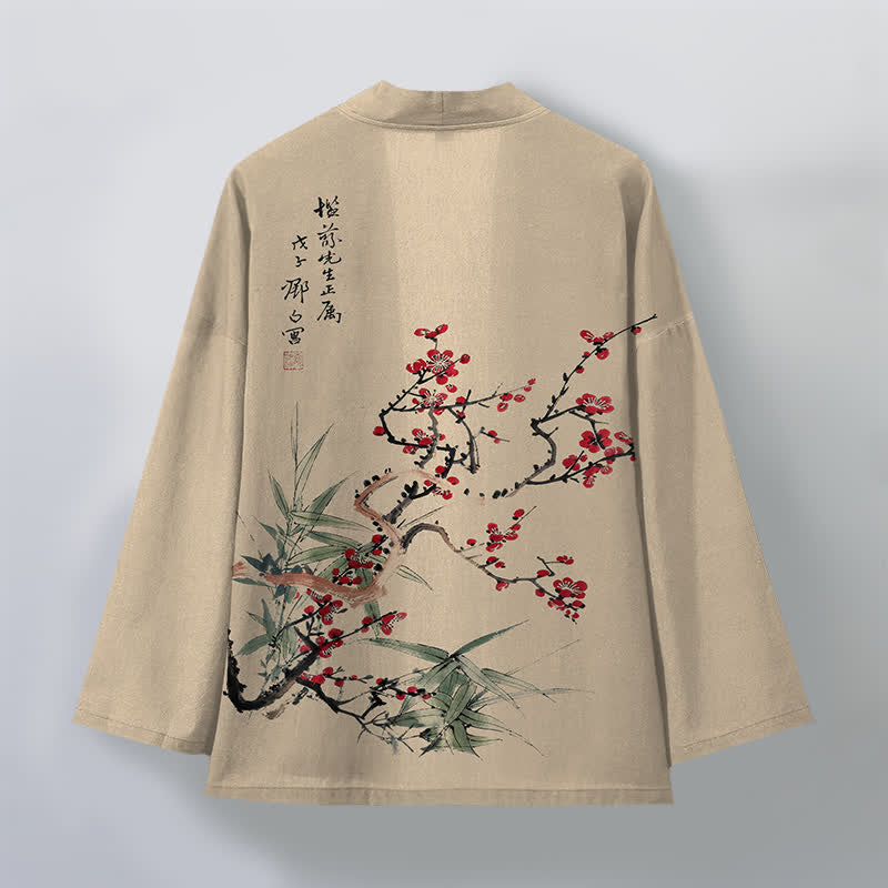 Buddha Stones Kimono für Herren aus Baumwolle, rot-pflaumenfarben, mit Bambusmuster und offener Vorderseite, aus Baumwolle, mit offener Vorderseite - image 2