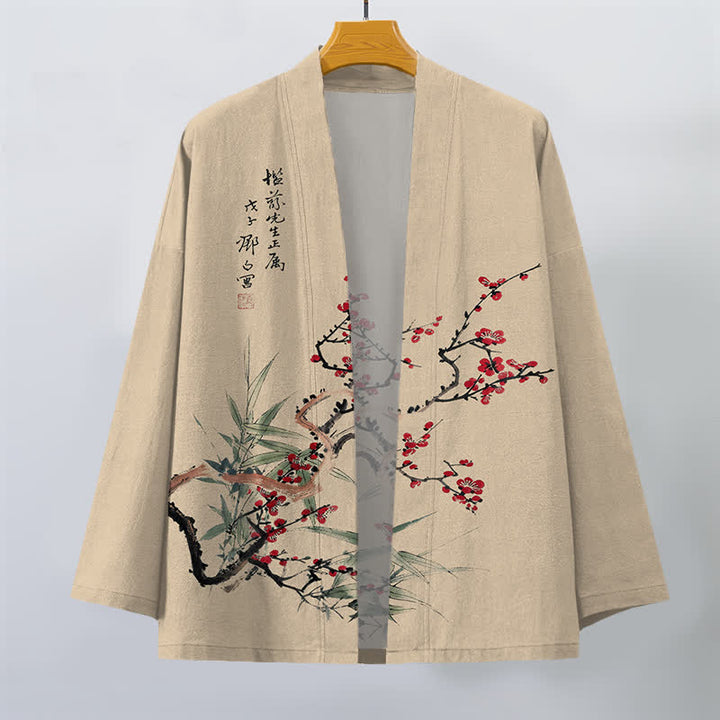 Buddha Stones Kimono für Herren aus Baumwolle, rot-pflaumenfarben, mit Bambusmuster und offener Vorderseite, aus Baumwolle, mit offener Vorderseite - image 1