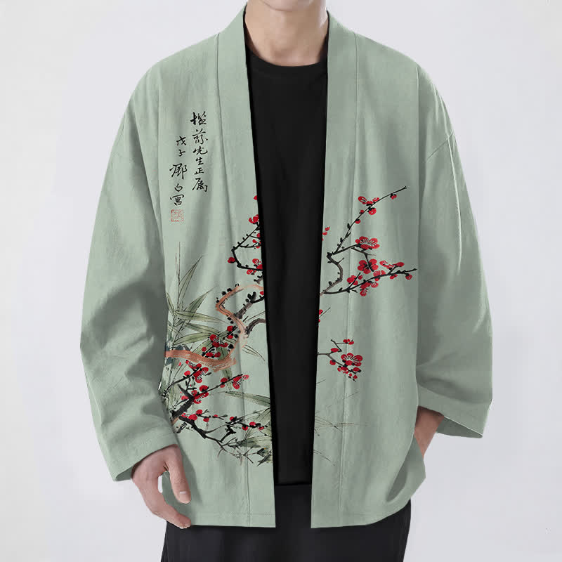 Buddha Stones Kimono für Herren aus Baumwolle, rot-pflaumenfarben, mit Bambusmuster und offener Vorderseite, aus Baumwolle, mit offener Vorderseite - Dunkelseegrün - US/UK/AU48, EU58 (4XL) - image 6