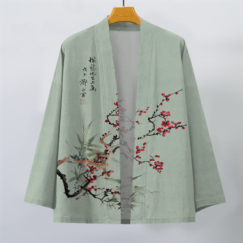 Buddha Stones Kimono für Herren aus Baumwolle, rot-pflaumenfarben, mit Bambusmuster und offener Vorderseite, aus Baumwolle, mit offener Vorderseite - image 7