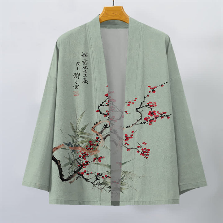 Buddha Stones Kimono für Herren aus Baumwolle, rot-pflaumenfarben, mit Bambusmuster und offener Vorderseite, aus Baumwolle, mit offener Vorderseite - image 7