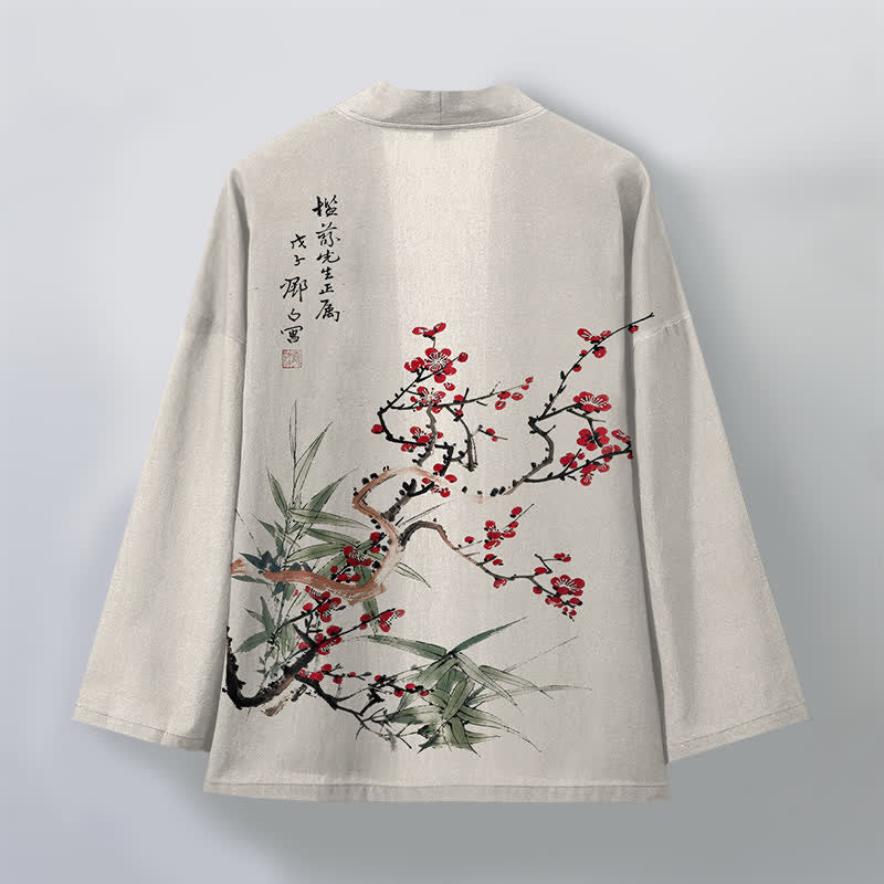 Buddha Stones Kimono für Herren aus Baumwolle, rot-pflaumenfarben, mit Bambusmuster und offener Vorderseite, aus Baumwolle, mit offener Vorderseite - image 11