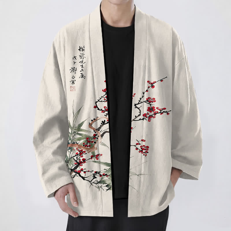 Buddha Stones Kimono für Herren aus Baumwolle, rot-pflaumenfarben, mit Bambusmuster und offener Vorderseite, aus Baumwolle, mit offener Vorderseite - Beige - US/UK/AU48, EU58 (4XL) - image 9