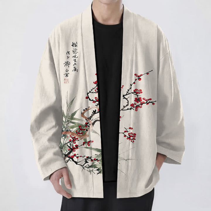 Buddha Stones Kimono für Herren aus Baumwolle, rot-pflaumenfarben, mit Bambusmuster und offener Vorderseite, aus Baumwolle, mit offener Vorderseite - Beige - US/UK/AU48, EU58 (4XL) - image 9