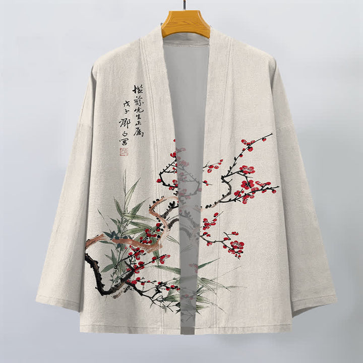 Buddha Stones Kimono für Herren aus Baumwolle, rot-pflaumenfarben, mit Bambusmuster und offener Vorderseite, aus Baumwolle, mit offener Vorderseite - image 10