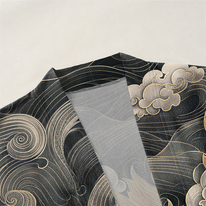 Buddha Stones Kimono aus Baumwolle mit goldenem Drachen- und Wolkenmuster, offener Vorderseite, für Herren - image 3