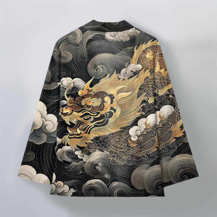 Buddha Stones Kimono aus Baumwolle mit goldenem Drachen- und Wolkenmuster, offener Vorderseite, für Herren - image 2