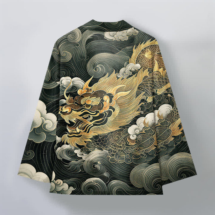 Buddha Stones Kimono aus Baumwolle mit goldenem Drachen- und Wolkenmuster, offener Vorderseite, für Herren - image 8