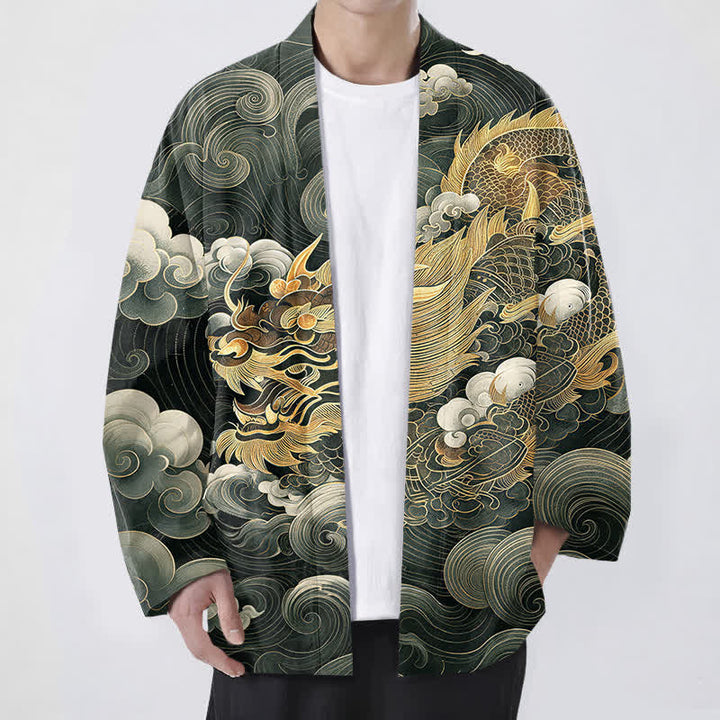 Buddha Stones Kimono aus Baumwolle mit goldenem Drachen- und Wolkenmuster, offener Vorderseite, für Herren - Dunkelgrün - US/UK/AU48, EU58 (4XL) - image 6