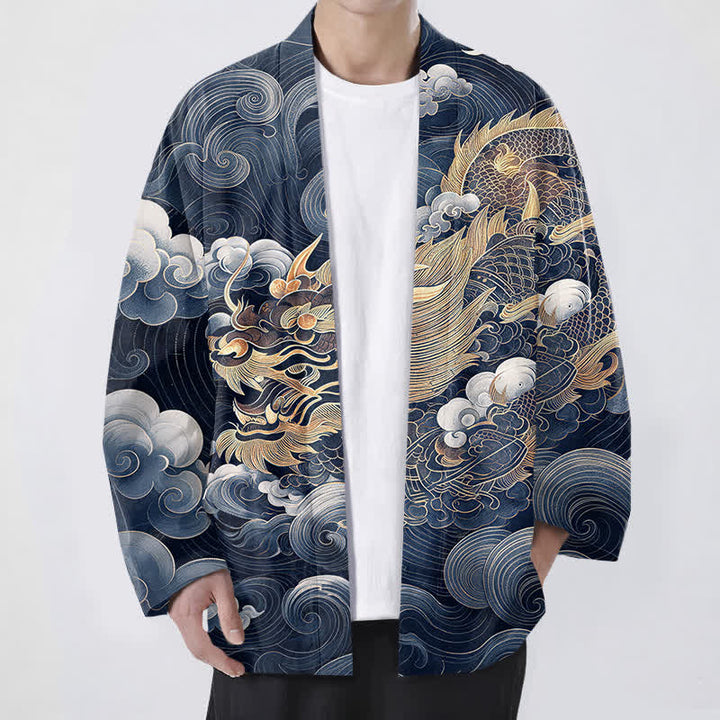 Buddha Stones Kimono aus Baumwolle mit goldenem Drachen- und Wolkenmuster, offener Vorderseite, für Herren - Marine - US/UK/AU48, EU58 (4XL) - image 9