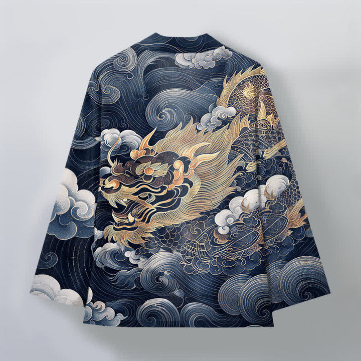 Buddha Stones Kimono aus Baumwolle mit goldenem Drachen- und Wolkenmuster, offener Vorderseite, für Herren - image 11
