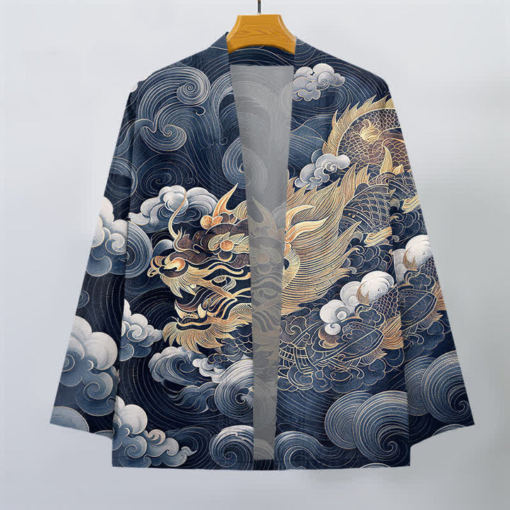 Buddha Stones Kimono aus Baumwolle mit goldenem Drachen- und Wolkenmuster, offener Vorderseite, für Herren - image 10