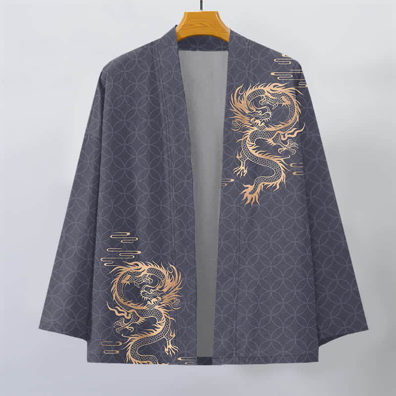 Buddha Stones Kimono aus Baumwolle mit goldenem Drachen- und geometrischem Kreismuster, offener Vorderseite, für Herren - image 1