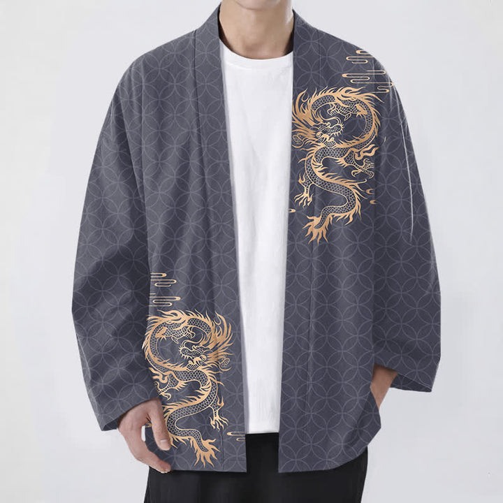 Buddha Stones Kimono aus Baumwolle mit goldenem Drachen- und geometrischem Kreismuster, offener Vorderseite, für Herren - Schiefergrau - US/UK/AU48, EU58 (4XL) - image 0