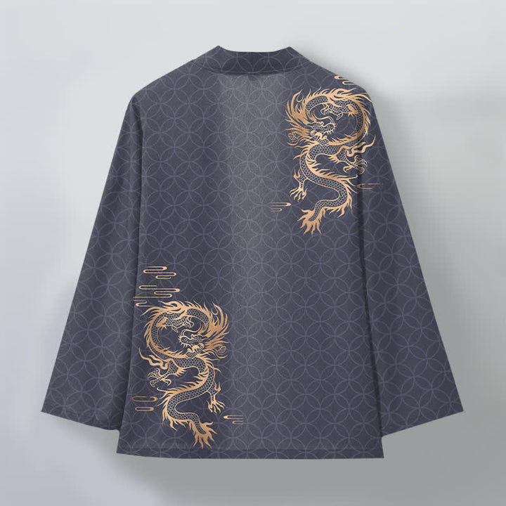 Buddha Stones Kimono aus Baumwolle mit goldenem Drachen- und geometrischem Kreismuster, offener Vorderseite, für Herren - image 2