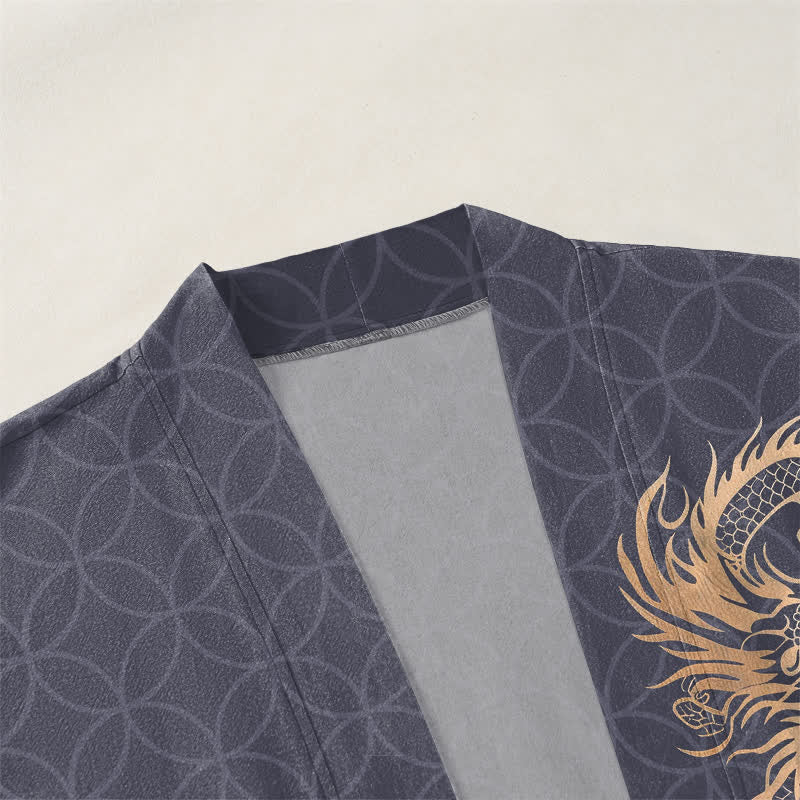 Buddha Stones Kimono aus Baumwolle mit goldenem Drachen- und geometrischem Kreismuster, offener Vorderseite, für Herren - image 3