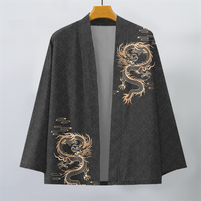 Buddha Stones Kimono aus Baumwolle mit goldenem Drachen- und geometrischem Kreismuster, offener Vorderseite, für Herren - image 7