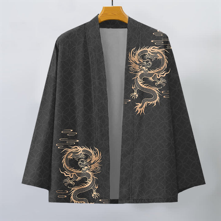Buddha Stones Kimono aus Baumwolle mit goldenem Drachen- und geometrischem Kreismuster, offener Vorderseite, für Herren - image 7