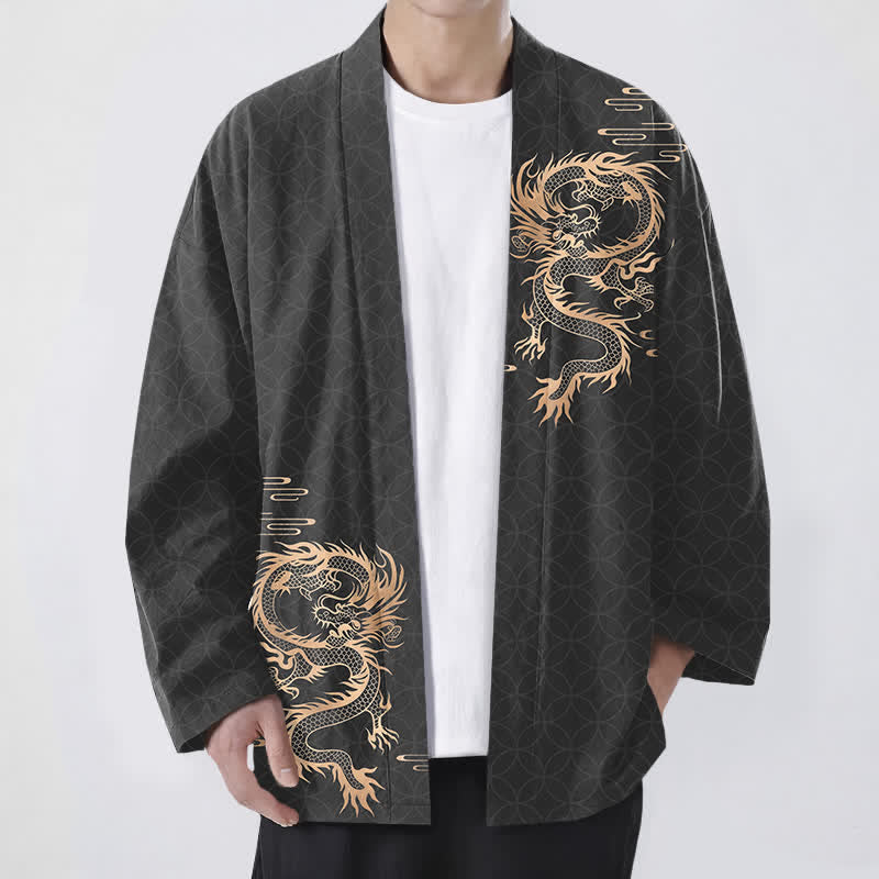 Buddha Stones Kimono aus Baumwolle mit goldenem Drachen- und geometrischem Kreismuster, offener Vorderseite, für Herren - Schwarz - US/UK/AU48, EU58 (4XL) - image 6