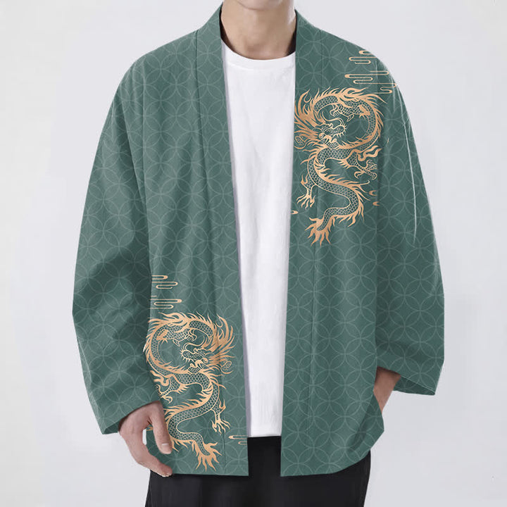 Buddha Stones Kimono aus Baumwolle mit goldenem Drachen- und geometrischem Kreismuster, offener Vorderseite, für Herren - Mittelseegrün - US/UK/AU48, EU58 (4XL) - image 9