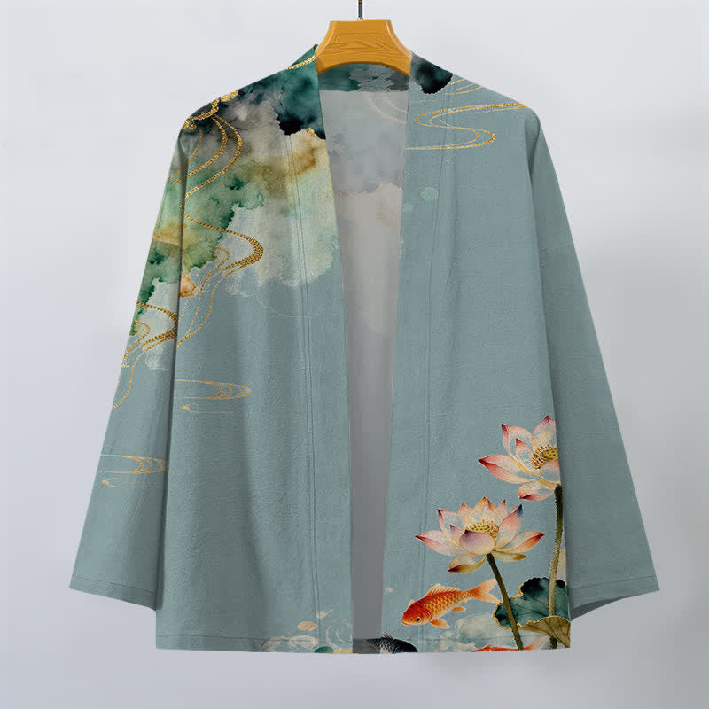 Buddha Stones Kimono aus Baumwolle mit Lotus-Koi-Tintenwolkenmuster und offener Vorderseite für Herren - image 1