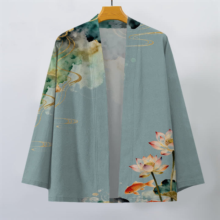 Buddha Stones Kimono aus Baumwolle mit Lotus-Koi-Tintenwolkenmuster und offener Vorderseite für Herren - image 1