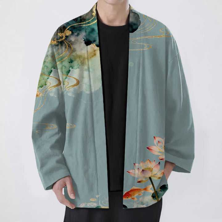 Buddha Stones Kimono aus Baumwolle mit Lotus-Koi-Tintenwolkenmuster und offener Vorderseite für Herren - Kadettenblau - US/UK/AU48, EU58 (4XL) - image 0