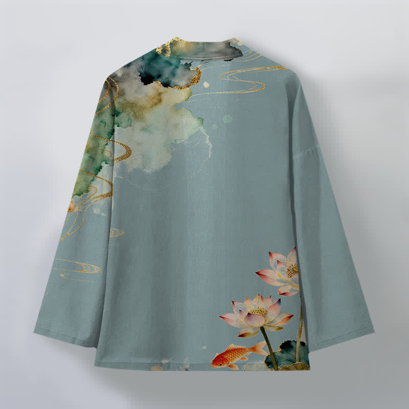 Buddha Stones Kimono aus Baumwolle mit Lotus-Koi-Tintenwolkenmuster und offener Vorderseite für Herren - image 2