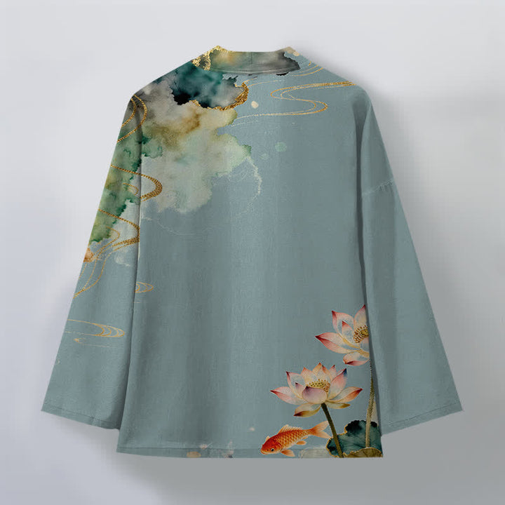 Buddha Stones Kimono aus Baumwolle mit Lotus-Koi-Tintenwolkenmuster und offener Vorderseite für Herren - image 2