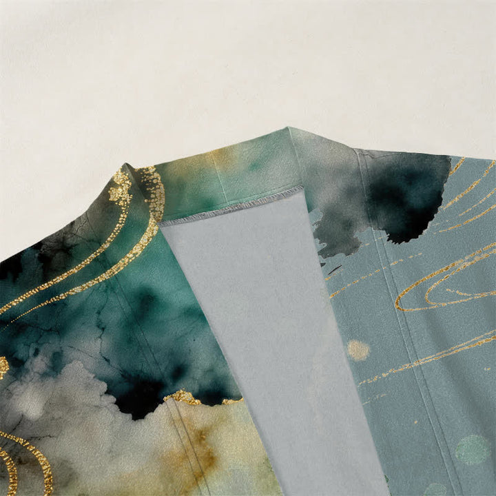 Buddha Stones Kimono aus Baumwolle mit Lotus-Koi-Tintenwolkenmuster und offener Vorderseite für Herren - image 3